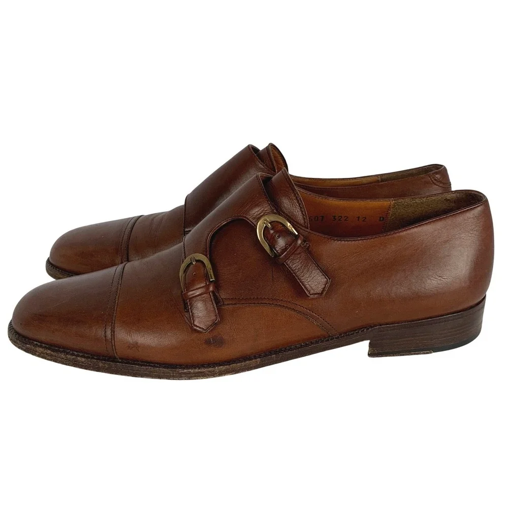 SALVATORE FERRAGAMO Leather Double Monk Strap Cap Toe Shoes 12 D Brown Italy
